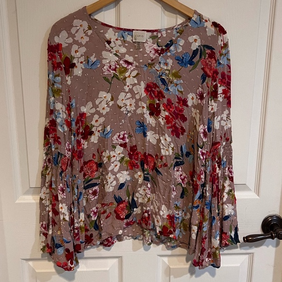 Cupio Blouse Large Taupe Floral Long Sleeve Boho Textured Dot Print Peasant Top - Picture 1 of 4